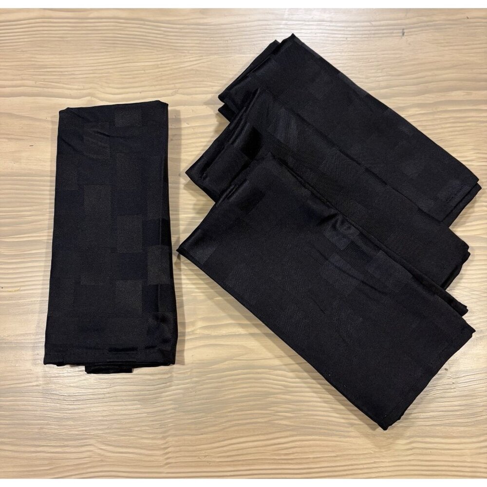 Set - 4 Black On Black Checkered Polyester Napkins Modern Look Plaid Monochrome